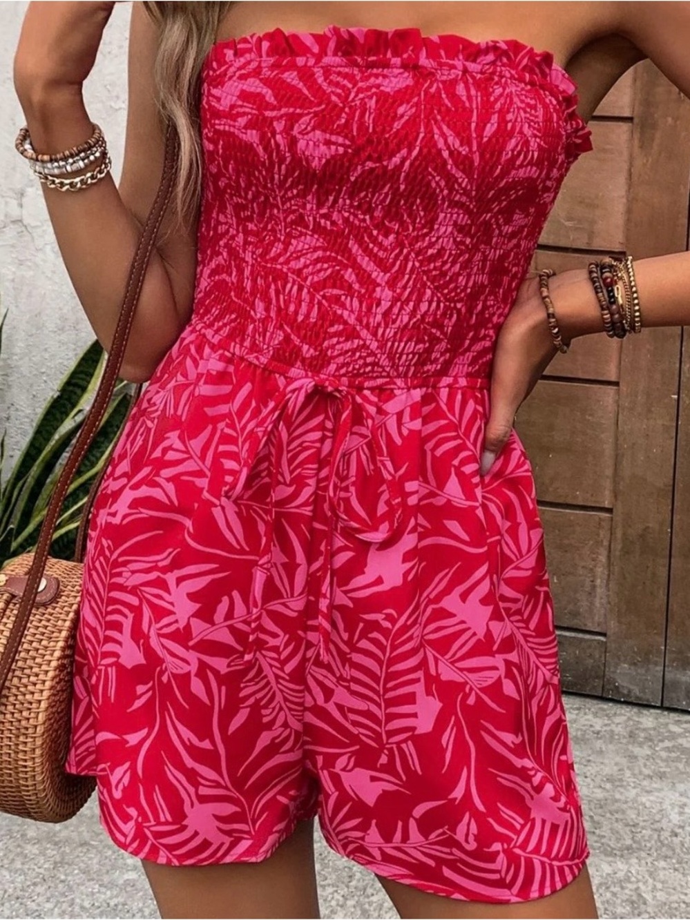 Commense Strawberry Red Strapless Tropical Print Smocked Romper Sz M